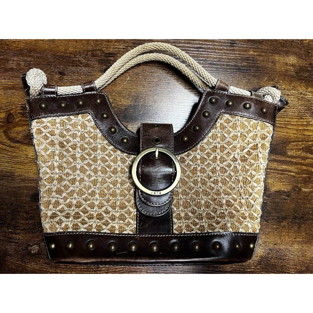 Rafe New York Vintage Woven Rattan & Leather Purse Rope Handles Boho‎